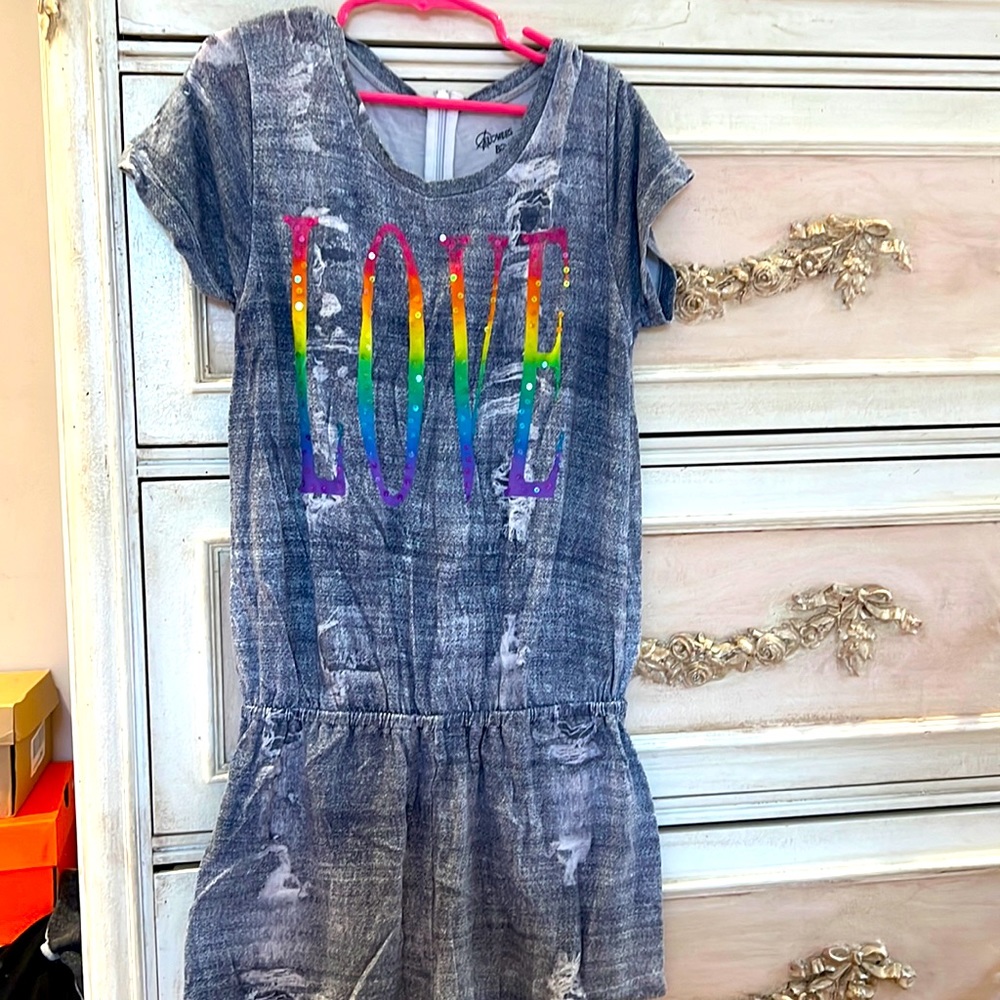Flowers by Zoe Faux Denim girls romper with colorful LOVE design size L